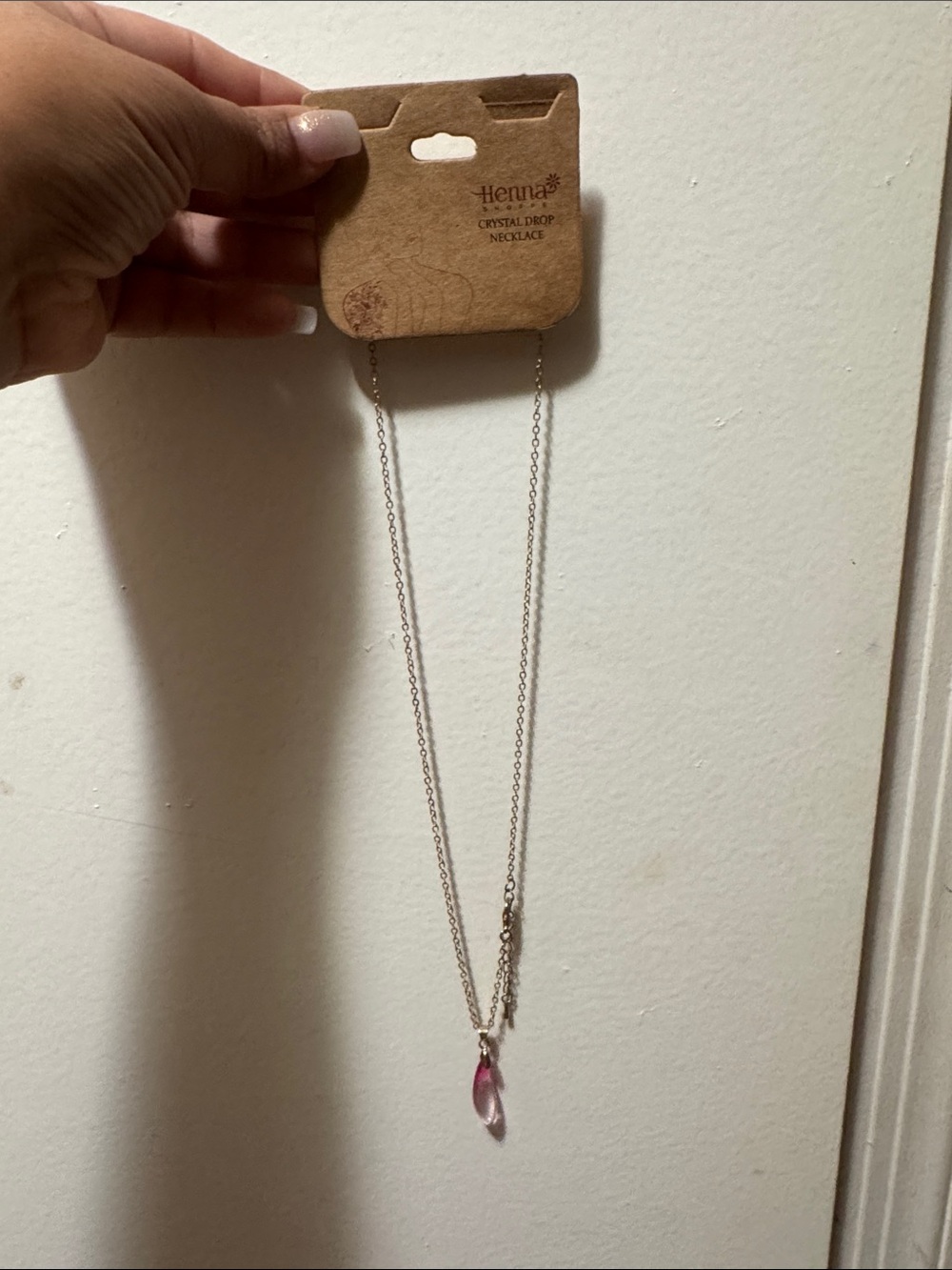 Silver Necklace with Pink Crystal Drop
